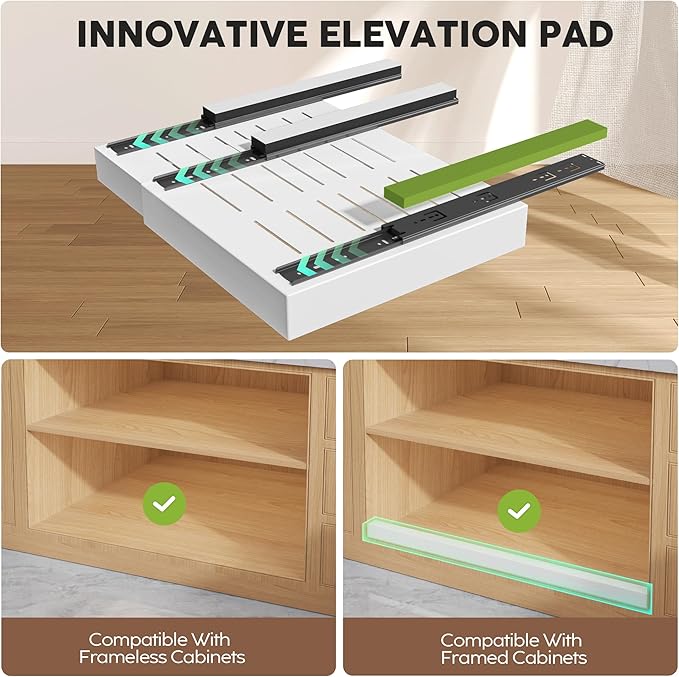 Seinloes 4Pack Expandable Pull Out Cabinet Organizer 21"Deep with Raising Pad for Framed Cabinets,Slide Out Drawers with 4pcs Divider Racks,Roll Out Shelves Adhesive,Adjustable Width 12.05"-20.4"White