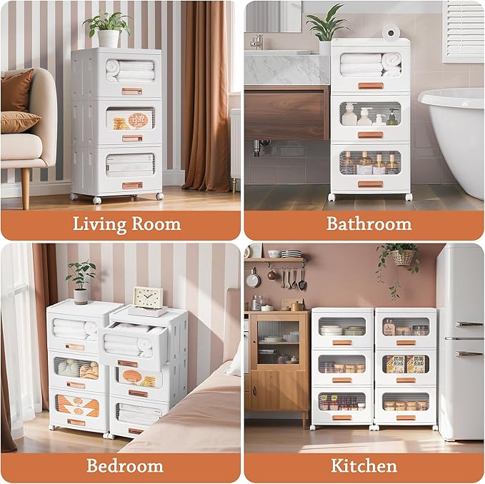 VECELO Storage Cabinet with Drawer, Pull-Out Stackable Bins with Wheels, Waterproof Modular Organizer, Multi-Tier Closet Storage for Bedroom, Living Room & Bathroom, Medium 3-Tier