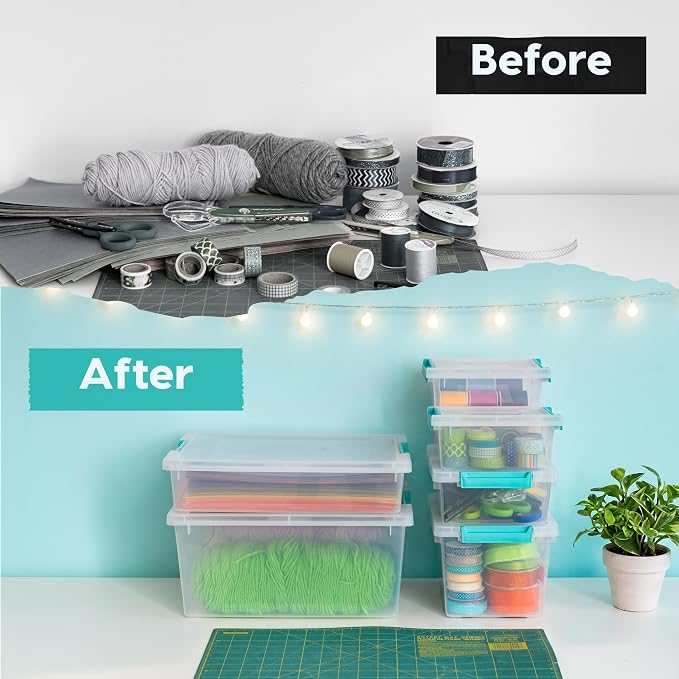 IRIS USA 4 Qt. Craft Storage Bins with Lids, 6-Pack, |Made in USA|, Clip Box, Small Plastic Sensory Bin Tote Organizer Containers for Art Supplies, Paper, & Office, Stackable - Clear/Seafoam Blue