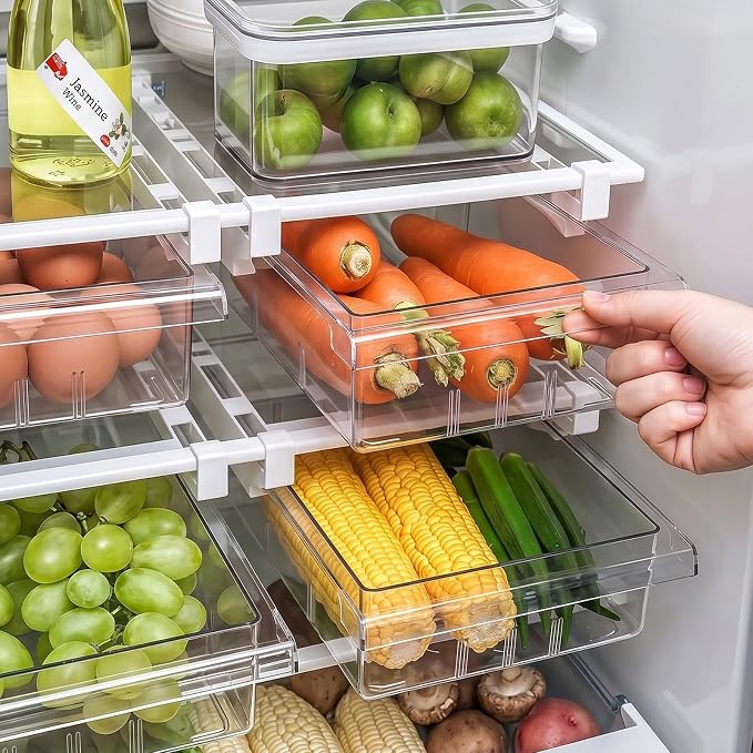 Fridge Drawer Organizer Pull-Out Under Shelf Bin, Adjustable Dividers | BPA-Free Clear Space-Saving Storage