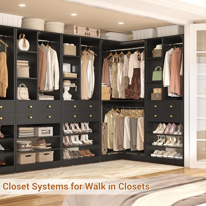 Besiost Closet System with 2 Drawers, 3 Hanging Rods, 59.5" * 31.5" Closet Organizer System with Corner Tower, Reversible L Shaped Walk-in Closet System, Corner Closet System Set of 2, Black