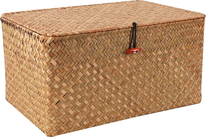 Moosky Wicker Shelf Baskets with Lid,Natural Seagrass Storage Basket Boxes Handwoven Rectangular Baskets Bins Multipurpose Home Organizer Decor (Large)