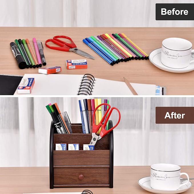 Siveit Wooden Desktop Organizer with Drawer, Multifunctional Office Supply Storage - Remote Control Caddy Holder