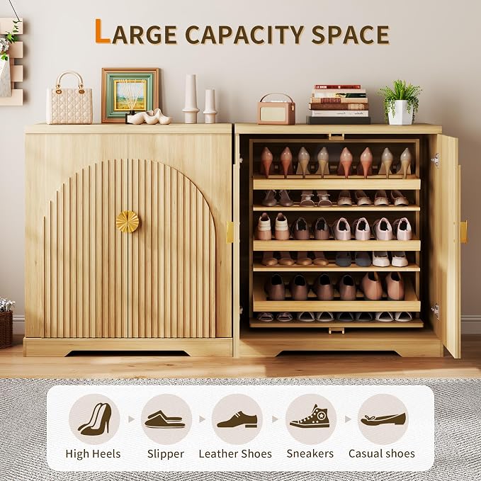 Vlsrka Rotating Shoe Storage Cabinet with Doors and 6 Tier Shelves, Wood | Suitable for 18 Pairs Shoe Organizer, Freestanding, Pull Out Shoe Rack, Wooden Entryway Cabinet for Hallway, Closet, Indoor