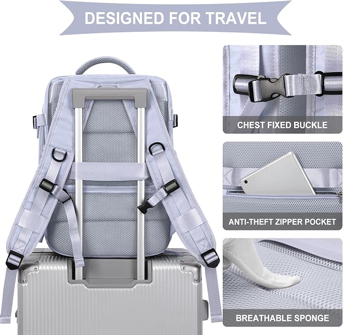 WONHOX Carry on Travel Laptop Backpack Personal Item Size for Women Men Flight Approved,Backpack for Women Travel Bag Hiking Outdoor Sports Rucksack Casual Daypack, Taro Purple