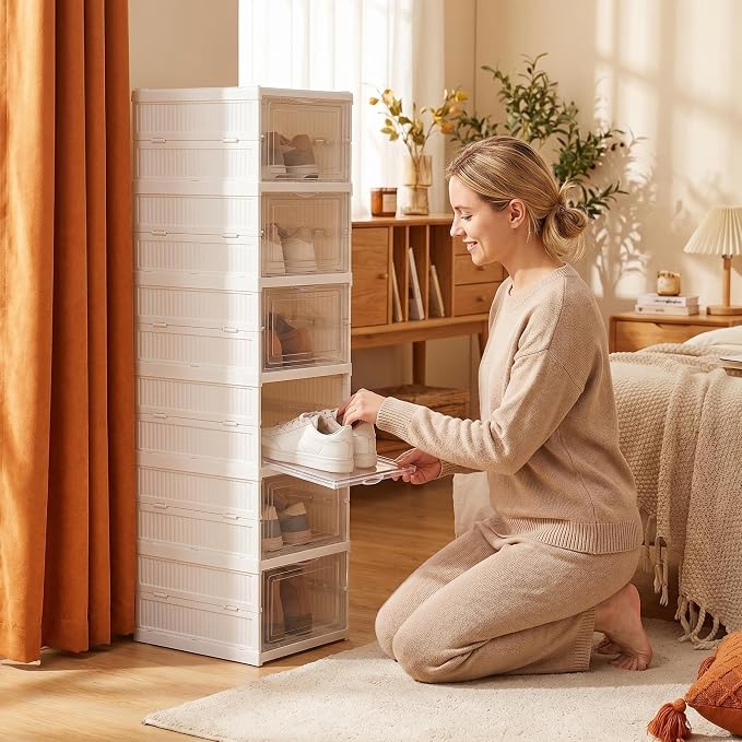 6-Tier Clear Shoe Storage Boxes, Collapsible, No Assembly | Six plastic compartments fold flat when not in use and stack vertically, with transparent doors for easy viewing and access.