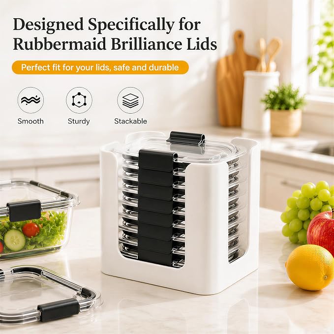 Food Container Lid Organizer for Rubbermaid Brilliance Lids, 3 Pcs Lid Organizers for Cabinet, Holds 24 Snap-On Lids, Stackable Kitchen Cabinet Organizer for 0.5, 1.3, 3.2 & 4.7 Cup Lid, White