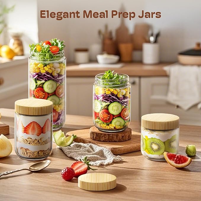 24 oz Glass Overnight Oats Containers, Mason Jars with Bamboo Lids, 4 Pack | Airtight Seal Keeps Leakproof, Wide Mouth for Easy Filling & Cleaning, Ideal for Chia Pudding, Yogurt Parfaits & Meal Prep