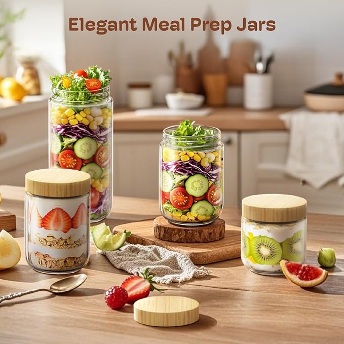 10 oz Overnight Oats Containers with Bamboo Lids, Glass Mason Jars 6 Pack | Airtight Seal Keeps Leakproof, Wide Mouth for Easy Filling & Cleaning, Ideal for Chia Pudding, Yogurt Parfaits & Meal Prep