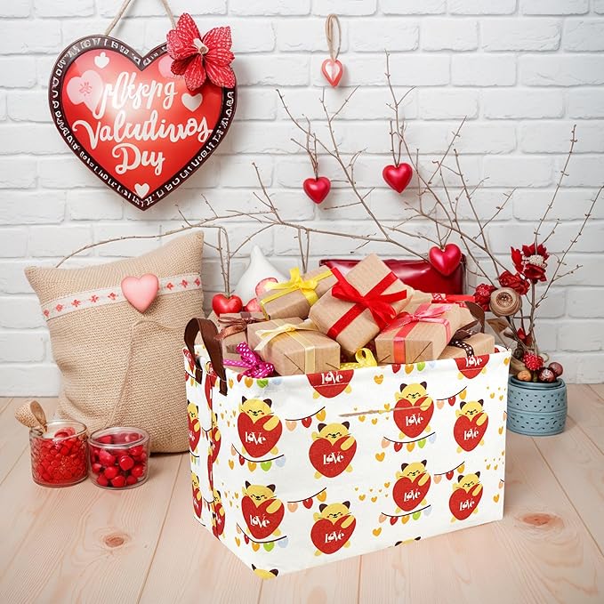 Valentine's Day Basket Gift for Empty Cute Heart Large Storage Bin for Kid and Baby Room Décor (Cat Love)