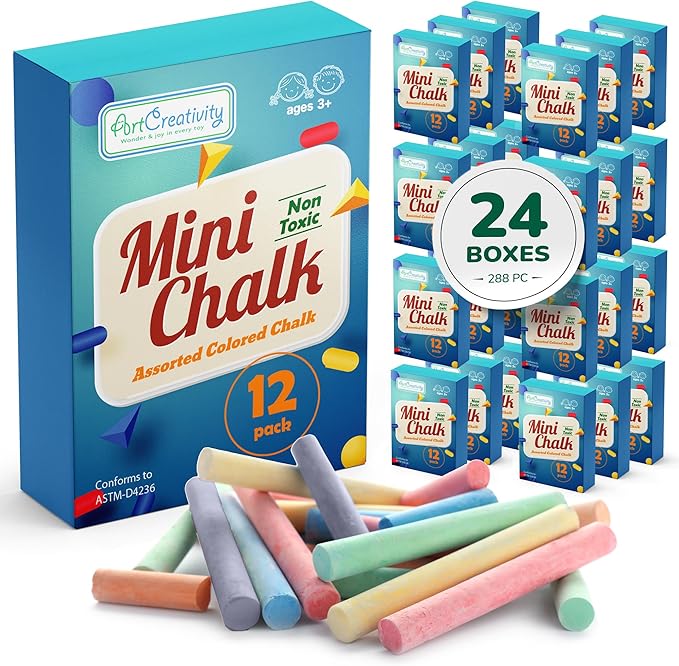 ArtCreativity 288 Count Mini Chalk Sets for Kids (24 Boxes) Non-Toxic Summer Art and Craft Supplies - Small Individual Chalk Packs in Bulk for Classroom Gifts, School Supplies, and Summer Party Favors