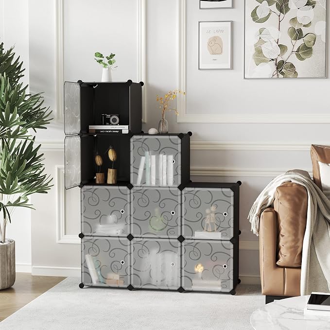 C&AHOME Cube Storage Organizer with Doors, 9-Cube Shelves, Closet Cabinet, DIY Plastic Modular Bookshelf, Storage Shelving Ideal for Bedroom, Living Room, 36.6”L x 12.4”W x 36.6”H Black USHS3009B-DOOR