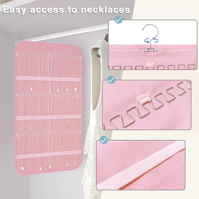 Double-Sided Hanging Jewelry Organizer for Necklaces Earrings, 1-Pack, Pink | Foldable 36 hooks & 40 clear pockets; swivel hook fits walls, doors & rods for earrings, bracelets, rings & small jewelry