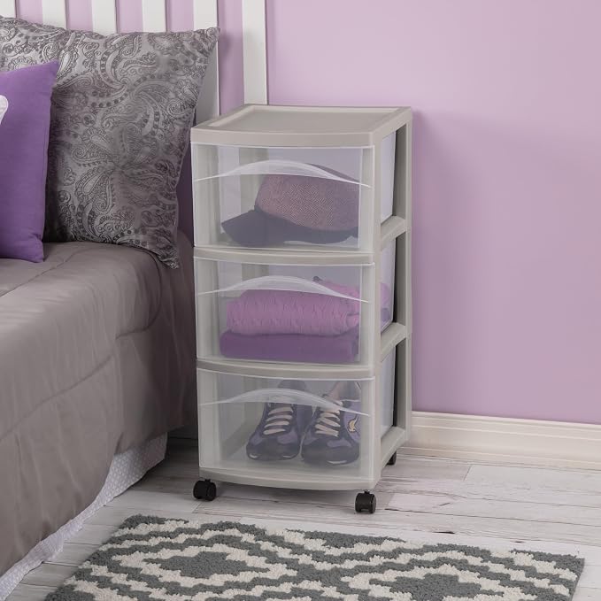 Sterilite 6 Pack 3 Drawer Storage Cart, Rolling Organization, Grey Pumice