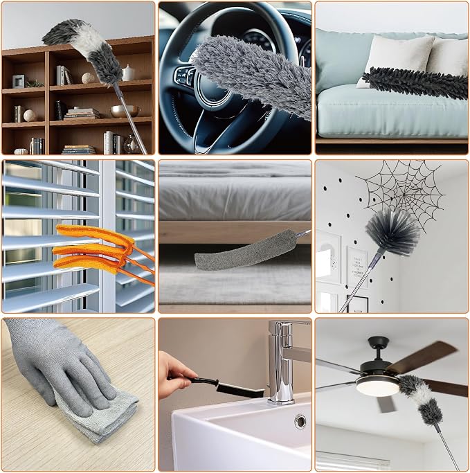 15 PCS Feather Dusters for Cleaning, Microfiber Duster with Extension Pole 100in, Extendable Duster for High Ceilings, Ceiling Fans, Baseboards, Blinds, Car Interior - Washable Reusable Dusting Tools