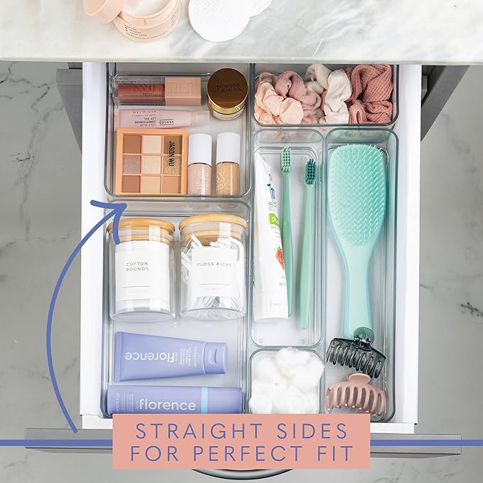 primebox Plastic Clear Drawer Organizers. Bathroom, Kitchen, Bedroom, Nail Polish, Office Organizer Bins, Storage Trays. Heavy Duty, Stackable. 6" x 3" x 2" Set of 6