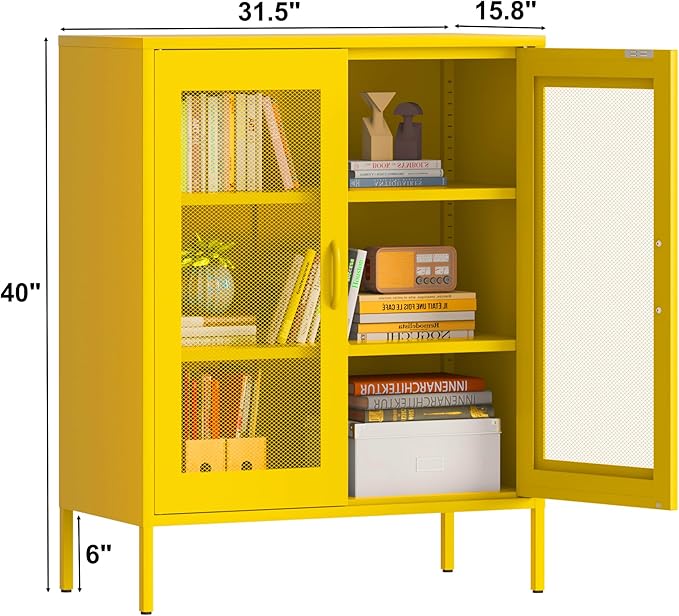 Ustamio Yellow Metal Storage Cabinet with Mesh Doors, Office Metal Locker Cabinet, Metal Display Cabinet with 2 Adjustable Shelves for Home, Office, Kitchen