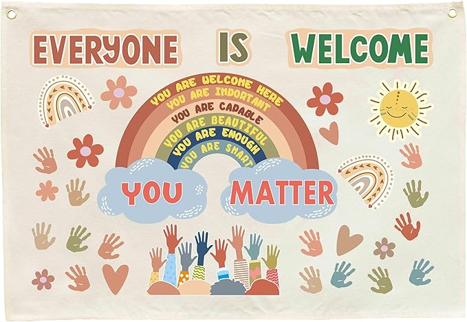 Classroom Wall Flag Decor-Teacher Gift-Inspirational Back to School Wall Banner Decor-Everyone is Welcome-Hanging Rectangular Canvas Banner for Classroom Teacher Office Reading Corner-28.5x20 Inches
