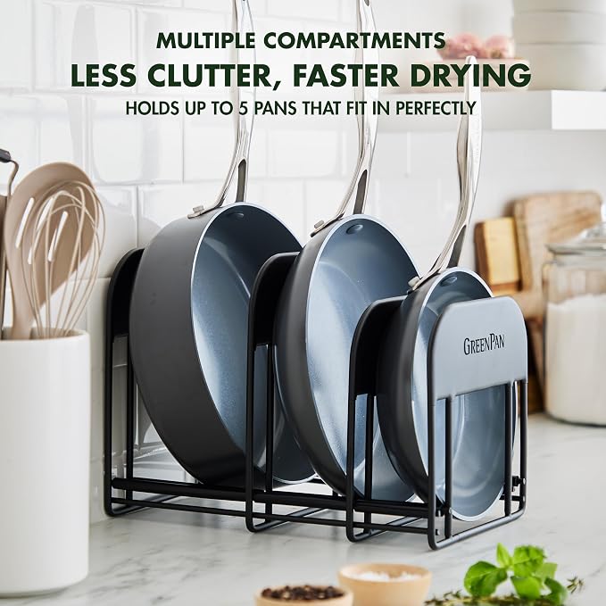 GreenPan Stainless Steel Wire Cookware Storage Rack, 5 Frying Pan Compartments, Countertop or Cabinent Organizer, Minimizes Clutter, Fast Drying, Wipes Clean, Black