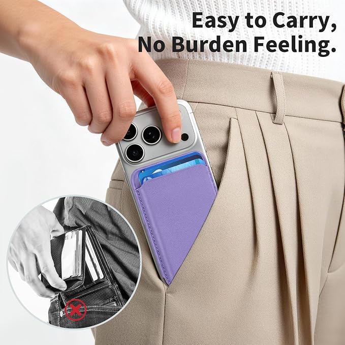 Magnetic Wallet Phone Card Holder for Phone Case with Mag-Safe, Stronger Magnetic RFID Leather Phone Wallet Stick on Series of iPhone 17/16/15/14/13/12 and Pro/Promax, Lavender