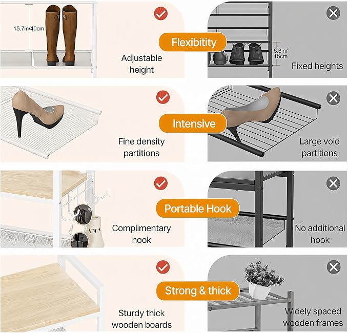 5 Tier Shoe Rack, Shoe Rack for Entryway with Hook, Shoe Organizer with Adjustable Mesh Shelves, Metal Shoe Storage, Closet, Bedroom Living Room Garage