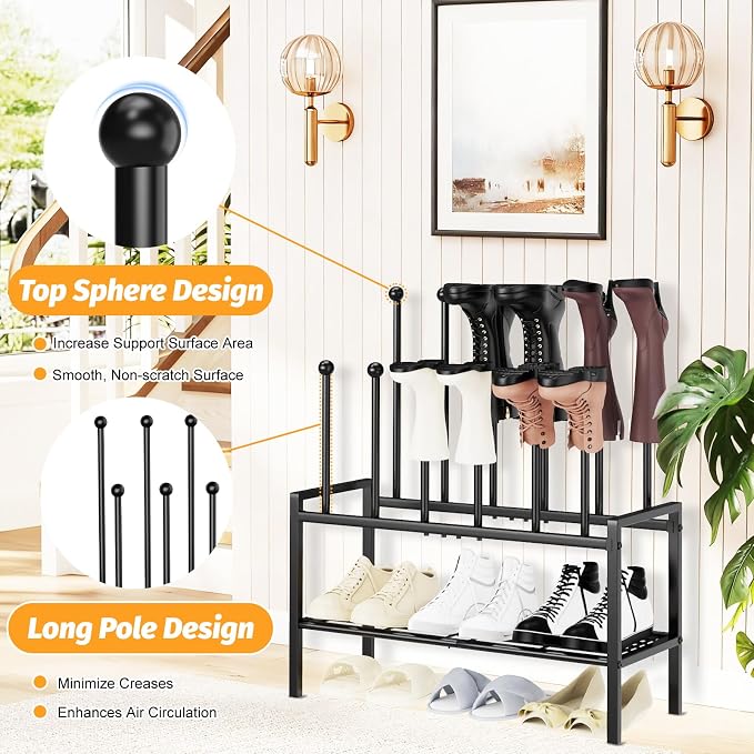 Freestanding Shoe Racks - 3 Tier Metal Boot Rack with 12 Long Posts Holds 6 Pairs Tall Boots, Shoe Storage Organizer for Entryway Closet Bedroom Hallway Indoor Outdoor