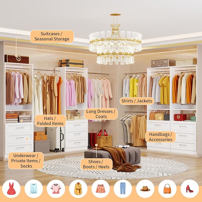 Closet System with 2 Sets, 4FT-10FT Customizable Closet Organizer System with 6 Wooden Drawers & 2 Shelves & 4 Hanging Rods, Walk-in Closet or Freestanding Tower Closet Storage System, White
