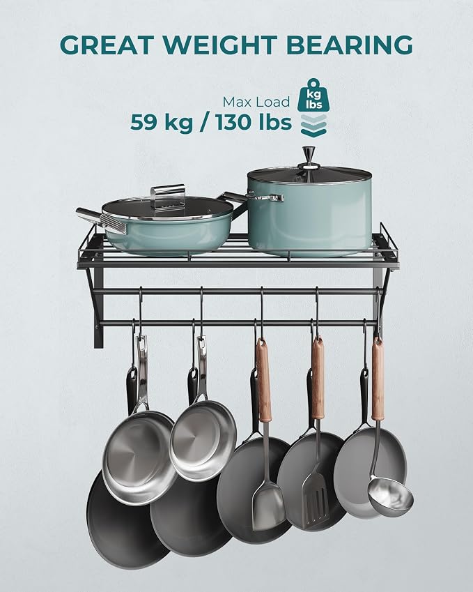 OROPY 23" Pot Rack Wall Mounted, Pot Organizer with 2 Tier Hanging Rails | Heavy Duty Pot and Pan Organizer with Storage Shelf & 12 S Hooks, Space Saving Hanging Pot Rack