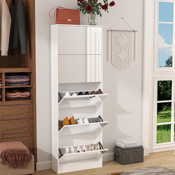 Mirror Shoe Cabinet, Hidden Shoe Storage Organizer with Flip Drawers Door, 5 Tier Free Standing Shoe Rack for Closet, Entrance | Real Glass Mirror | Fits Men's Size 15 | Narrow Organizer | Entryway Storage | Space-Saving | White