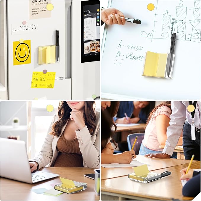 4 Pack Acrylic Sticky Note Dispenser, Magnetic Sticky Note Holder for Post It Notes, 3 x 3 Inch Sticky Note Pen Organizer for Office Home Classroom
