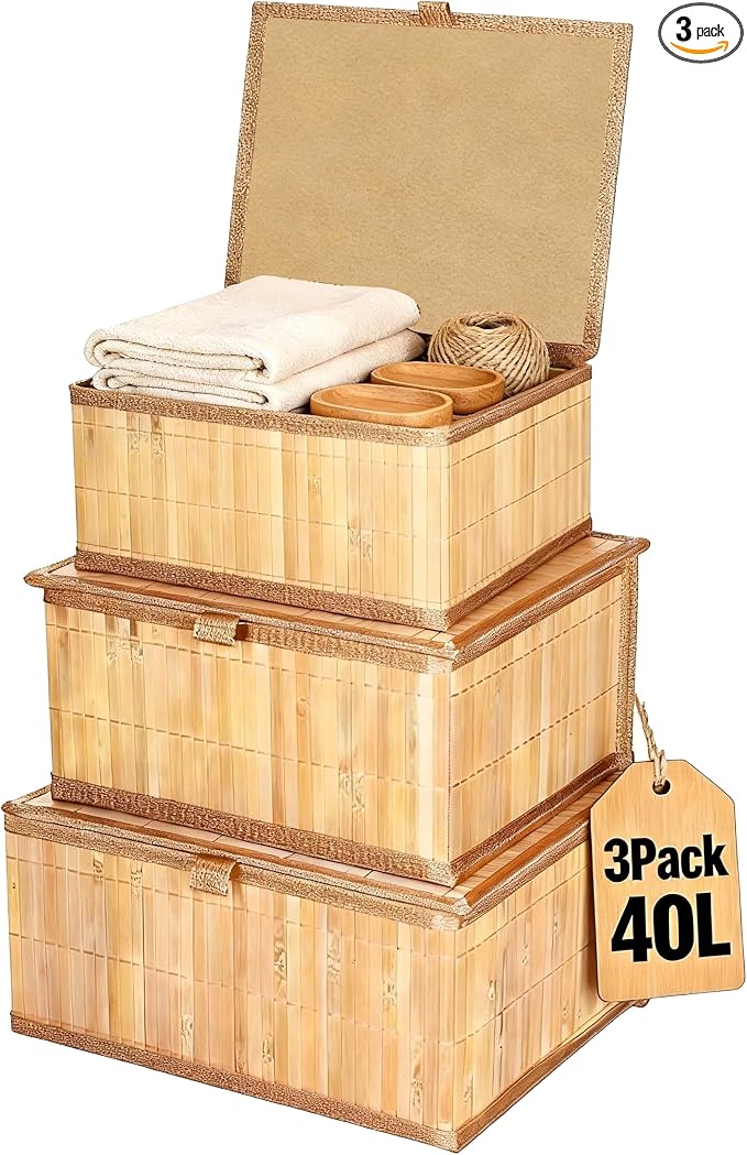 3 Pack Bamboo Decorative Shelf Basket,Woven Storage Boxes with Lined，Nesting Lidded Box with Lids for Toys,Cosmetics,Office,sundries,Closet,natural & eco-friendly bamboo storage organizers
