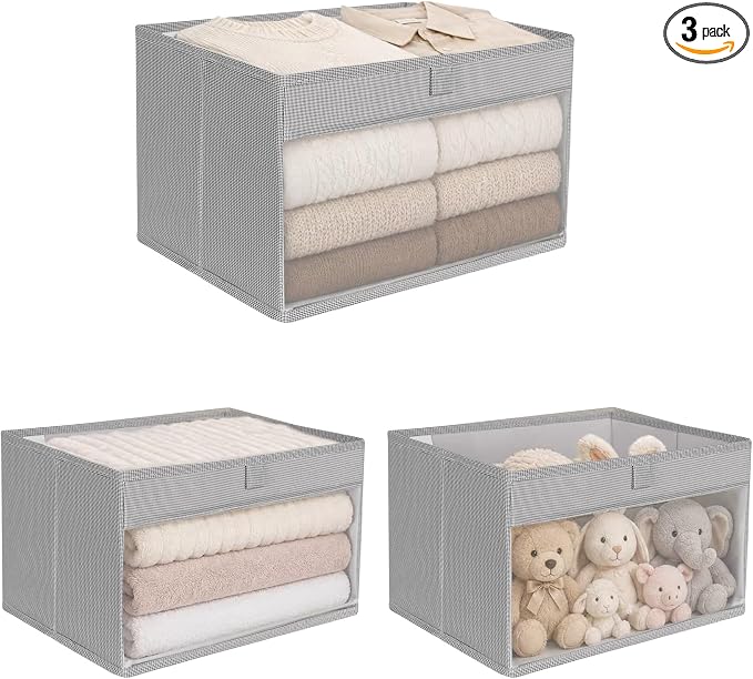 WUIKE Closet Storage Bins, Fabric Bins, 3-Pack, 21L, Clear Window, Greige | Linen Closet Organizers and Storage, Storage Baskets for Shelves, Foldable Fabric Bins for Clothes, Sheets, and Towels