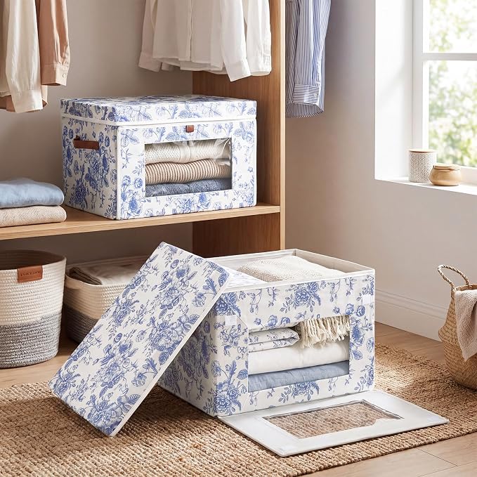 Domensi 2 Pack Blue Floral Large Storage Bins with Lids Handles Blue and White Porcelain Storage Boxes 16.5x11.8x11 Inch Foldable Fabric Basket Decorative Organizer for Clothes Nursery Dorm(Window)
