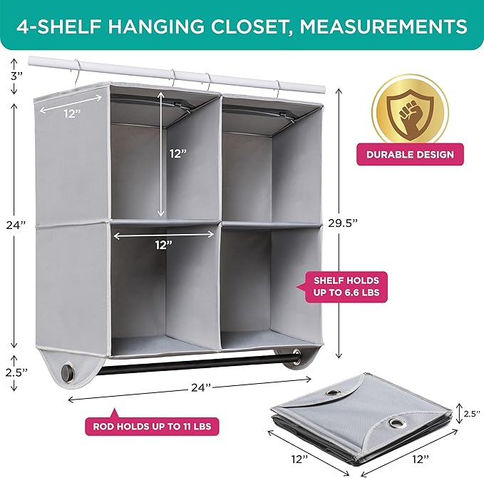 HOLDN’ STORAGE Hanging Closet Organizer with Garment Rod – Heavy Duty 4-Shelf Hanging Shelves for Clothes, Sweaters & Shoes, Reinforced 600D Fabric Storage Unit with Built-in Clothing Rod, Grey