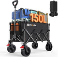 Blomoba Collapsible Wagon Cart, 150L Heavy Duty Foldable Beach Wagon with Wider Wheels & Auto-Rebound Handle, Utility Grocery Shopping Cart for Garden, Shopping, Camping, Sports, Black