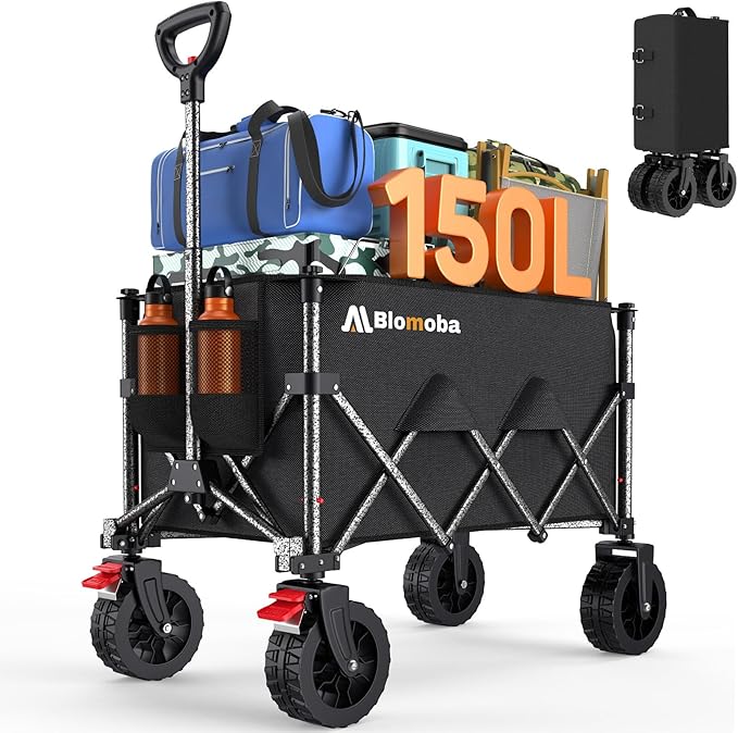 Blomoba Collapsible Wagon Cart, 150L Heavy Duty Foldable Beach Wagon with Wider Wheels & Auto-Rebound Handle, Utility Grocery Shopping Cart for Garden, Shopping, Camping, Sports, Black