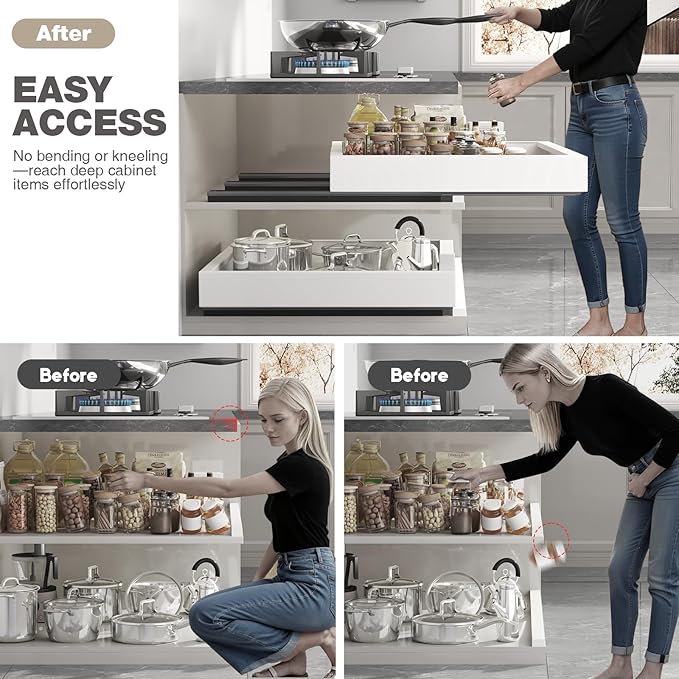 Seinloes 2 Pack Pull Out Cabinet Organizer 18" Deep,Full Extension 3 Slide Rails Slide Out Drawers With Raising Pad for Framed Cabinets,Expandable Width (12.3"-20.5"),No Drill Roll Out shelf,White