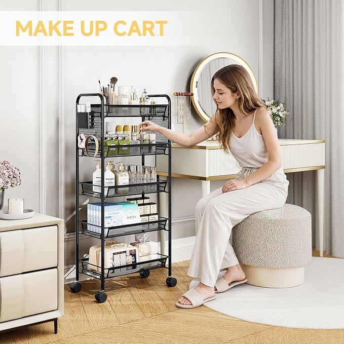 5 Tier Metal Rolling Utility Cart - Heavy Duty Storage Trolley with Pegboard, 4 Hooks & 1 Bin, Mobile Organizer Shelves for Bathroom Kitchen Office Craft Room Laundry, Black