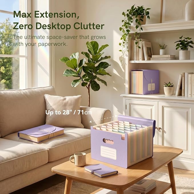 ABC life 26 Pockets Accordion File Organizer, High Capacity Expanding File Folder for Letter A4 Size, Portable Document Holder with A-Z Tabs for Tax Receipt, Teacher & Home Office -Dusty Lavender