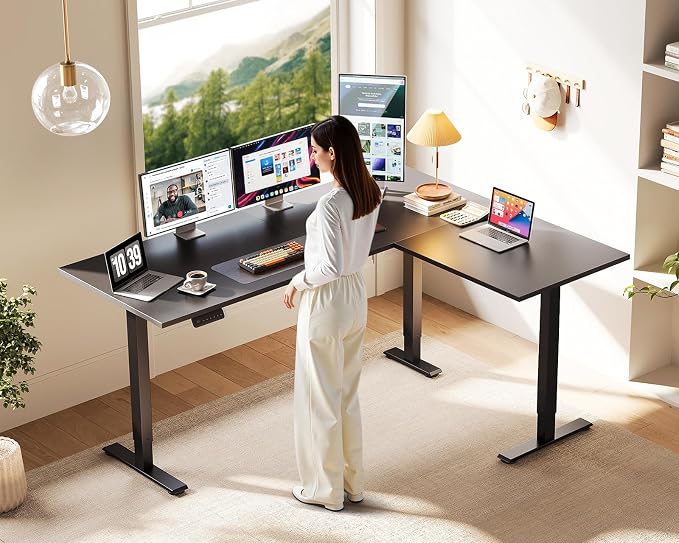 Casaottima 63 Inch L Shaped Electric Standing Desk, Home Office, Black | Reversible Corner Desk with Height Adjustment, Ergonomic Sit Stand Table for Home Office, Computer Workstation