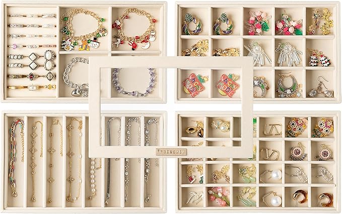 Frebeauty Stackable Jewelry Trays,Set of 4 Jewelry Organizer for Drawer | Glass Lid,Removable Dividers,Real Stackable Design,Velvet Material,Drawer Inserts,Jewelry Box for Earring Rings and Necklace