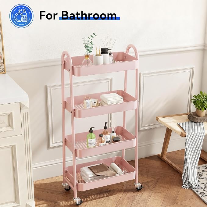NEWBULIG 4-Tier Metal Rolling Cart with Lockable Wheels, Heavy Duty Mobile Utility Storage Shelf, Roller Book Snack Cart, Organization for Livingroom, Bathroom, Office, Pink