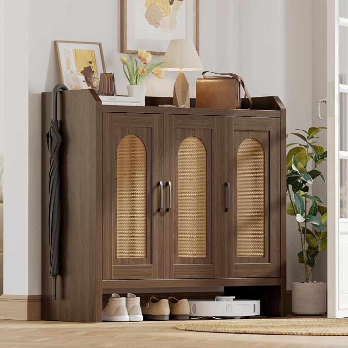 Mericonia Rattan Shoe Storage Cabinet, Farmhouse Shoe Cabinets Storage for Entryway, Boho Wooden Shoe Rack with 3 Doors for Entryway, Hallway (Walnut, 3 Door)