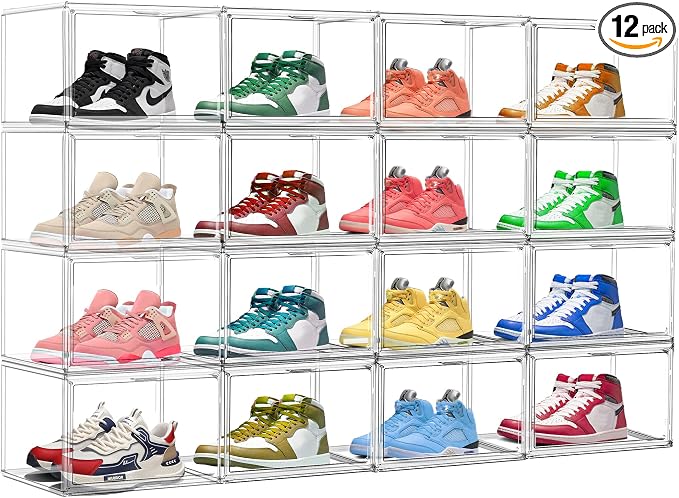 12 Pack Low Profile Clear Shoe Storage Box for Flats,Loafers,Heels | Space-saving 7.6-inch height fits under shelves &cabinets.Ideal for flats,loafers,slip-ons&compact living.1 Pack Fit Size 12