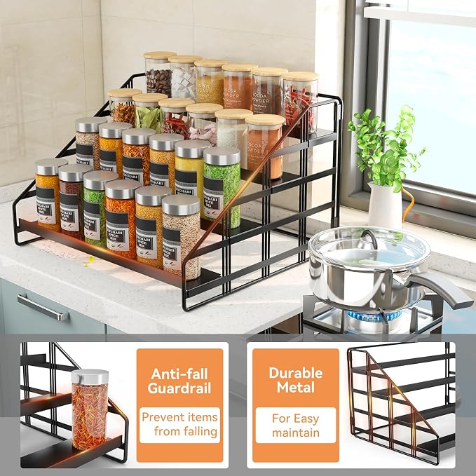 Bunoxea 4 Tier Adjustable Spice Rack for Cabinet & Countertop, Black 2Pack | Depth Adjustable,Anti-drop Guard Rail,Tiered Cabinet Organizer,Holds 24+ Jars,for Cabinet, Pantry & Kitchen Countertop
