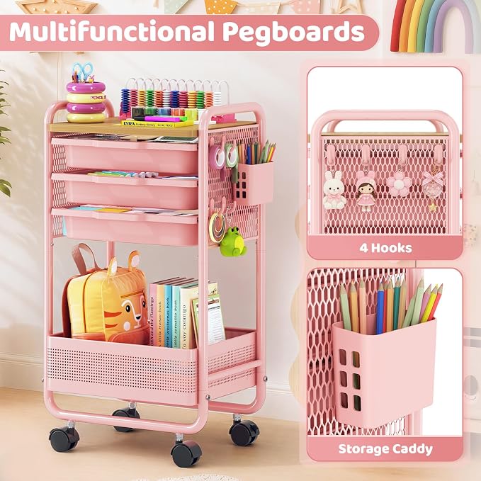 Metal Rolling Storage Cart with 3 Drawers - Utility Cart on Wheels with Pegboard & Wood Tabletop, Multifunctional Trolley Organizer with Hooks & Bin for Living Room,Bedroom,Craft Room,Office,Kids Room