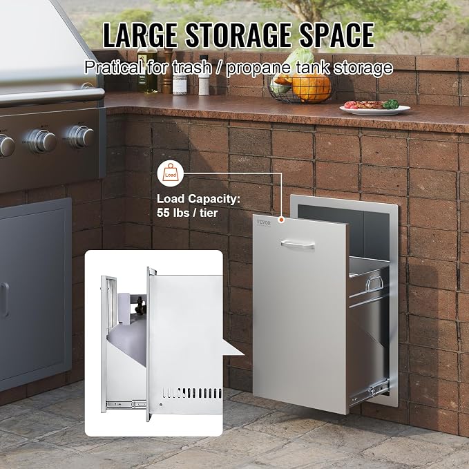 VEVOR Outdoor Kitchen Trash Drawer 16Wx22Hx16"D, Drawer, Stainless Steel Pull Out Trash with Handle, Outdoor Kitchen Cabinets Can Pull Out, BBQ Island Bin, Outside Trash Can Drawer