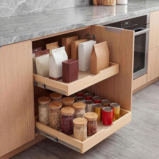 Menkxi 2 Set Wooden Pull out Cabinet Organizer Fully Assembled Slide out Pantry Drawer with Gentle Close Storage Shelf Tray for Base Kitchen Under Sink Bathroom Accessory(Wood Color,21'' X 21'' X 3'')