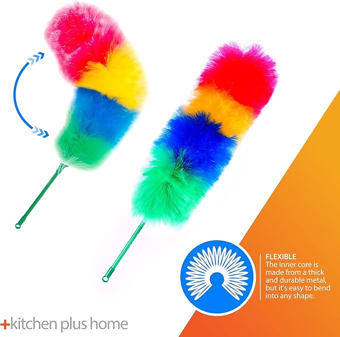 Kitchen + Home Large 27" Inch Static Duster with Bonus 35" Inch Extension Pole - Electrostatic Feather Duster attracts dust Like a Magnet! - Assorted Colors Will Ship