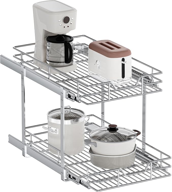 2-Tier Pull Out Cabinet Organizer, 14.5" W x 21.5" D, Heavy Duty Dual Slide Out Shelves for Base Cabinets, Chrome Wire Basket Drawer for Pantry, Kitchen & Bathroom Storage